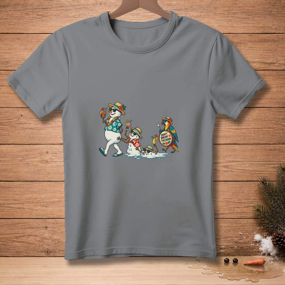 Melting snowmen in Hawaiian shirts and hats walk with a parrot holding a sign saying "Don't Break the Chain".