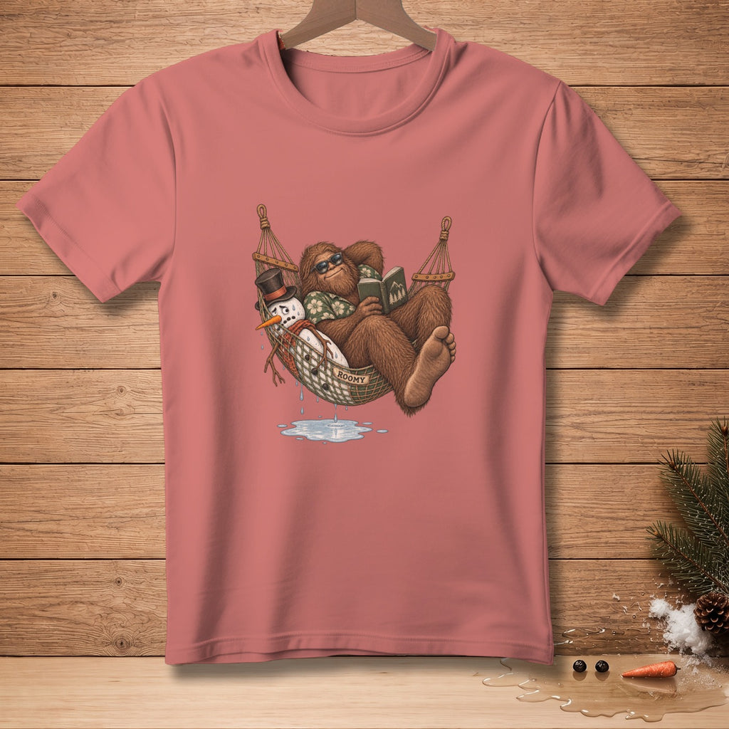 Bigfoot relaxes in a hammock with a snowman, reading a book.