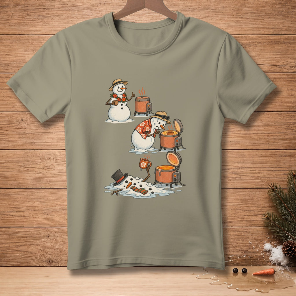 T-shirt graphic of three snowmen reacting to melting near hot pots.