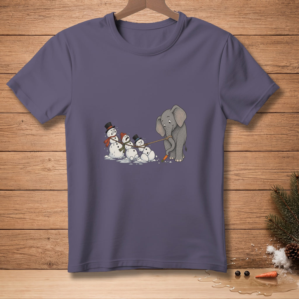 Elephant pulling snowmen with rope, one snowman holding carrot nose.