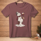 Melting snowman in a bucket hat and scarf holding wine with "Notes of Carrot" tag.