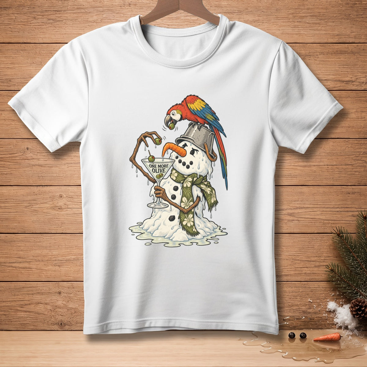 Melting snowman with parrot, martini, and text "ONE MORE OLIVE".