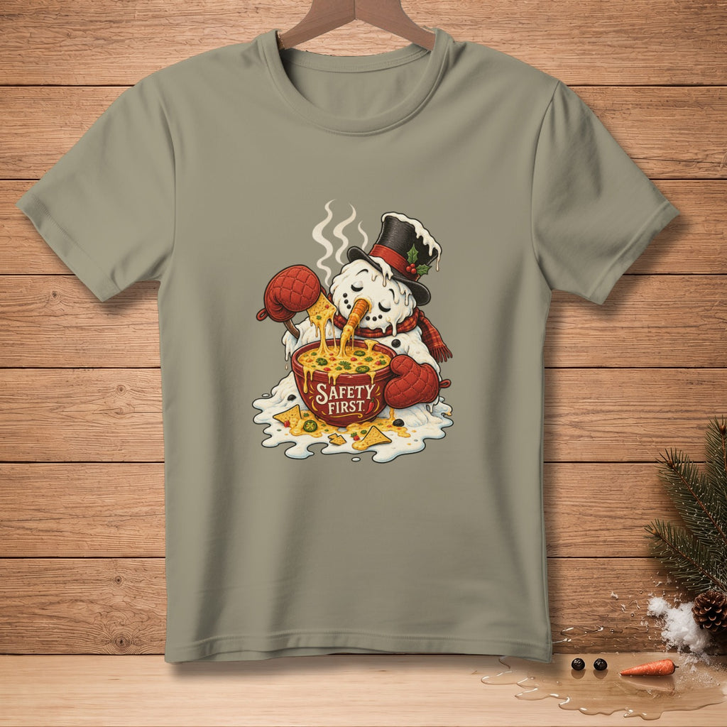 Melting snowman with hat, scarf, and oven mitts eating nachos from a bowl labeled "SAFETY FIRST."