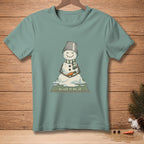 Melting snowman in meditation pose holding carrot, text "LET IT GO."