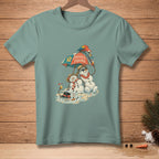 Two snowmen and a parrot relax under an umbrella with "Paradise Found" text.