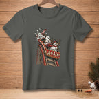 Snowmen riding a roller coaster with a cart labeled "AGAIN!".