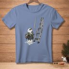 Snowman in aviator gear holding helmet next to a metal ladder.