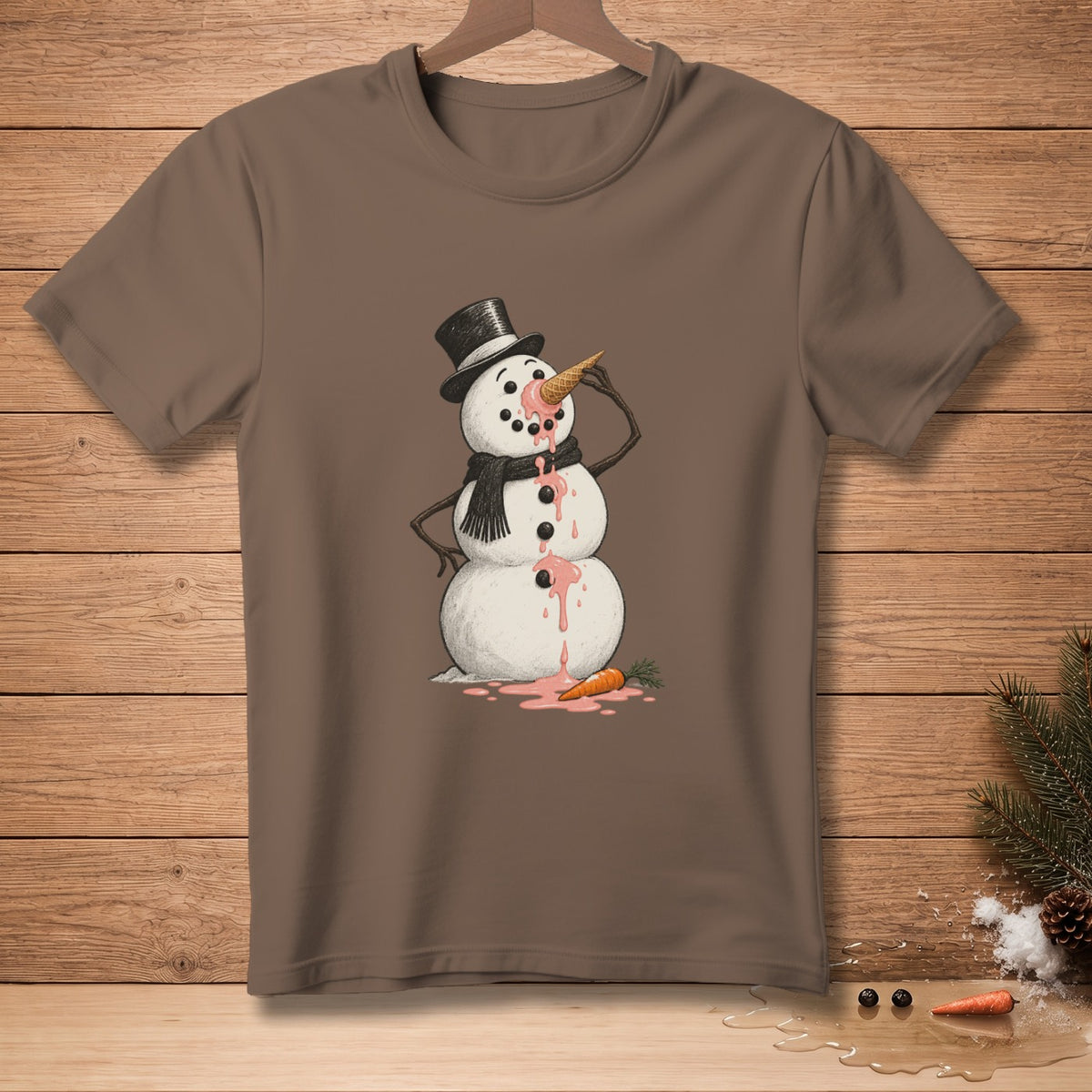 T-shirt with melting snowman wearing top hat and scarf, eating ice cream cone.
