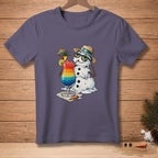 Melting snowman wearing sunglasses and hat holds colorful layered drink with text "LAYERED."