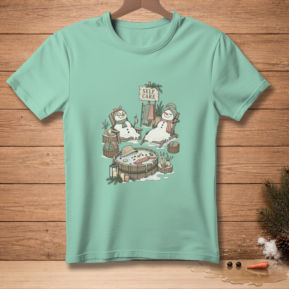 Two snowmen relax in lounge chairs by a hot tub, with a "SELF CARE" sign.