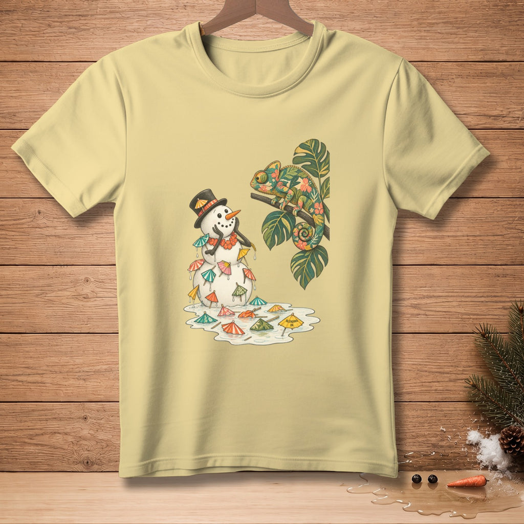 Snowman in a hat and lei melts, surrounded by tiny umbrellas, with a colorful chameleon on a branch.