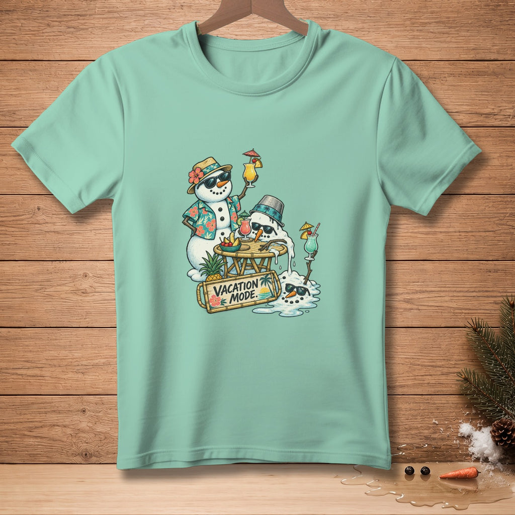 T-shirt with cartoon snowmen enjoying cocktails, one melting, with "Vacation Mode" text.