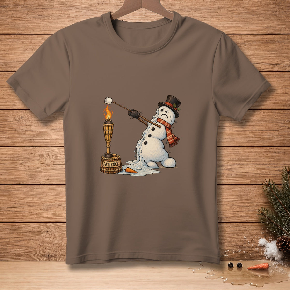 Melting snowman attempts to toast marshmallow over a torch labeled "Patience."