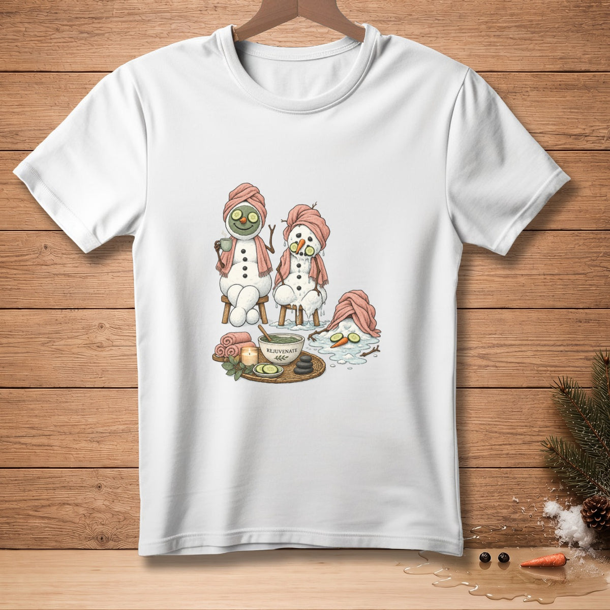 Three snowmen enjoying a spa day with cucumber slices and tea.