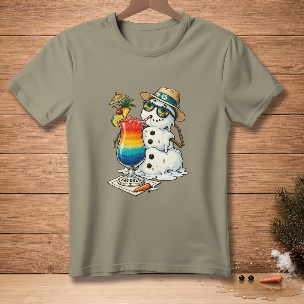 Snowman with sunglasses and hat drinks a rainbow cocktail with "Layered" text.