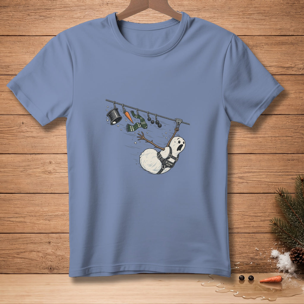 Snowman on zipline with harness that says "No Turning Back".