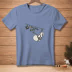 Snowman on zipline with harness that says "No Turning Back".