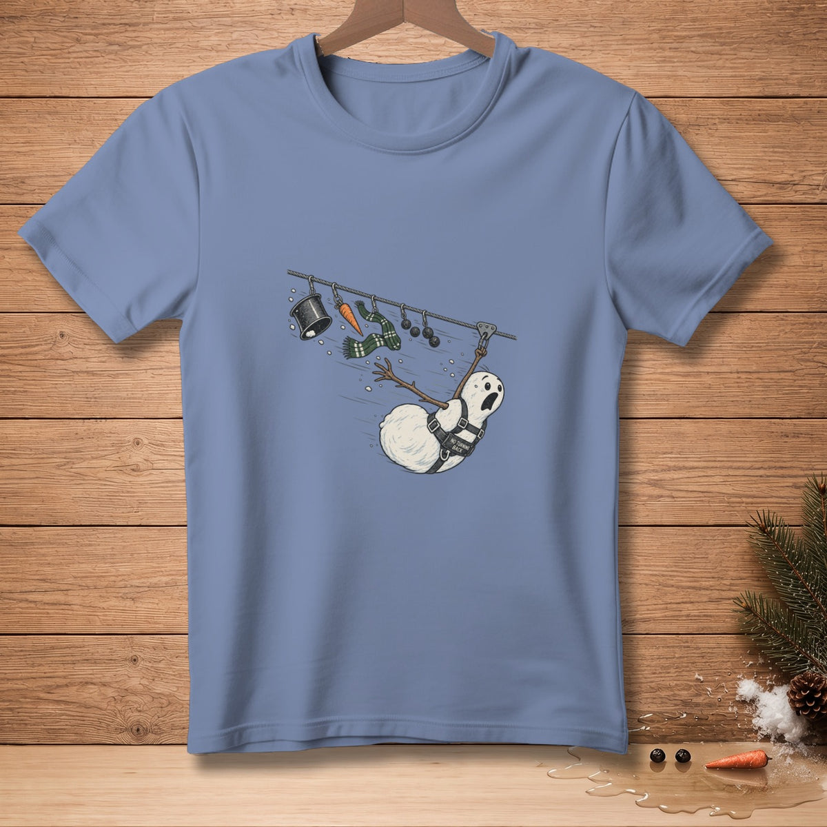 Snowman on zipline with harness that says "No Turning Back".