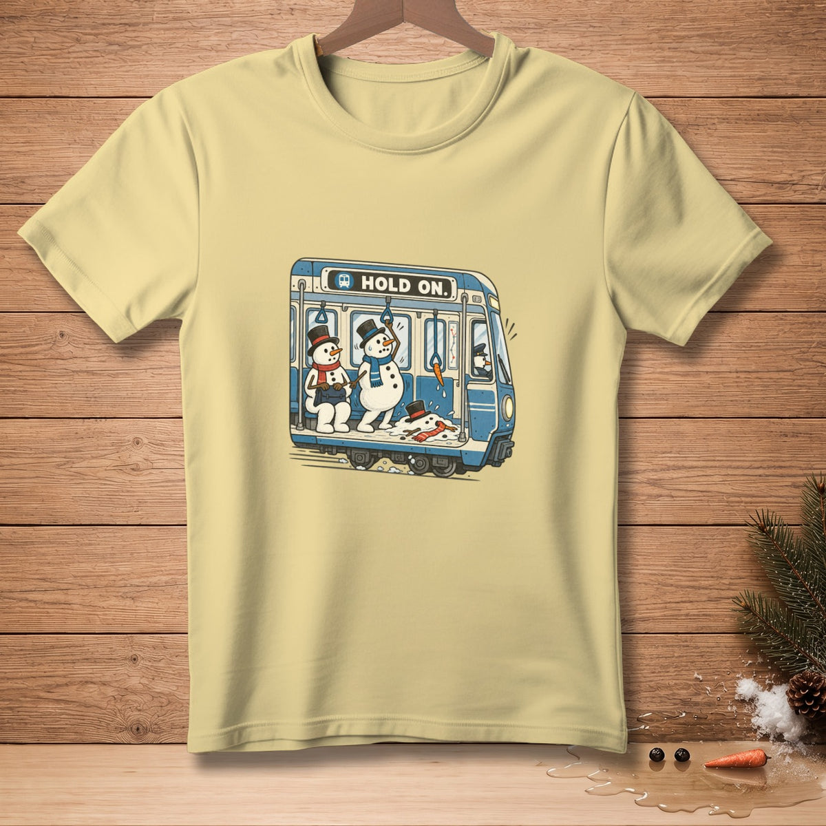 Two snowmen holding on inside a subway car with "HOLD ON." text.