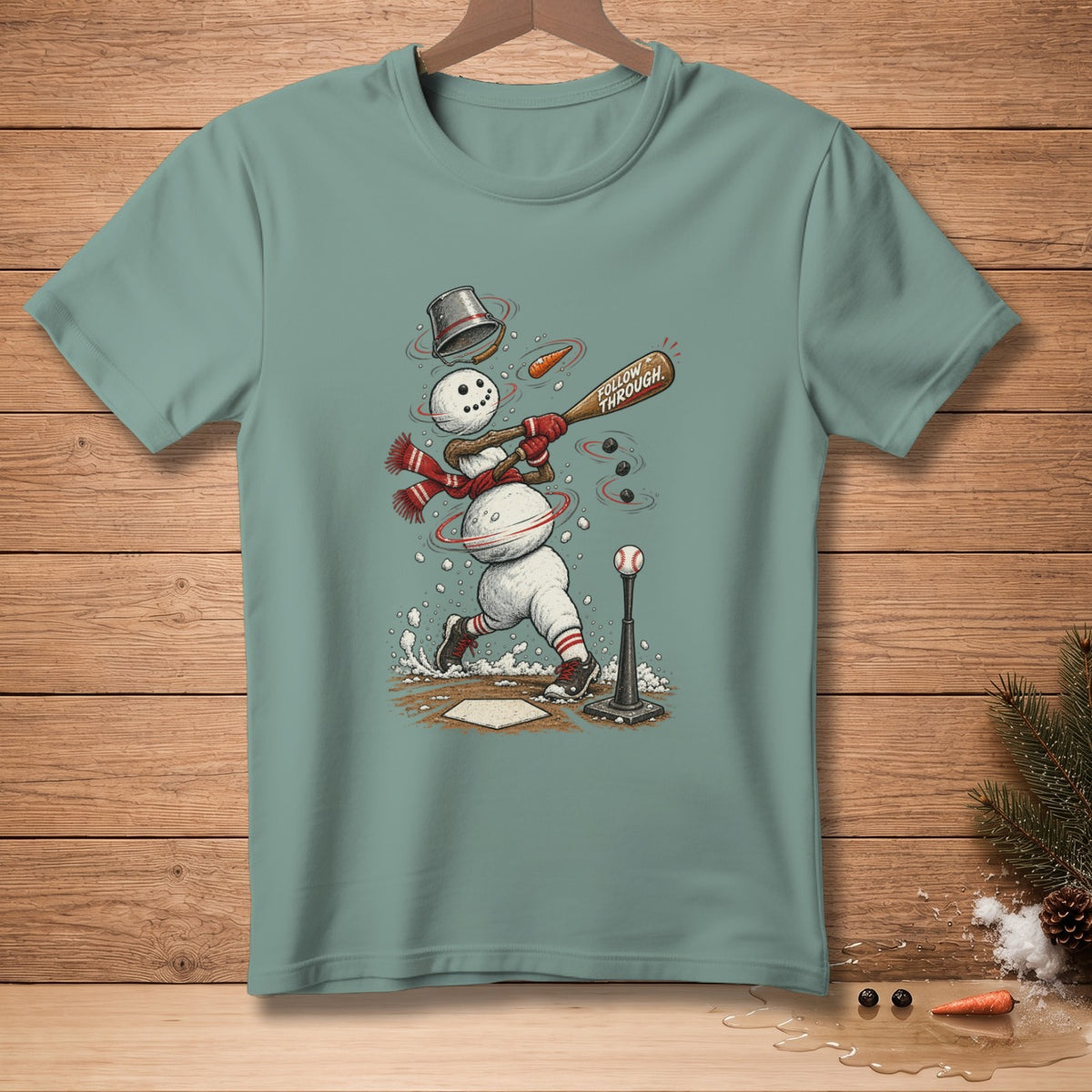 Snowman playing baseball on a tee, text reads "FOLLOW THROUGH."