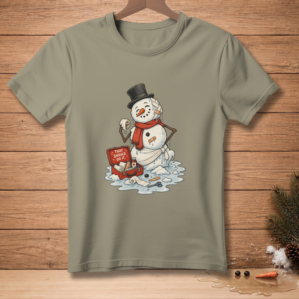Snowman with bandages and first aid kit on melting body.