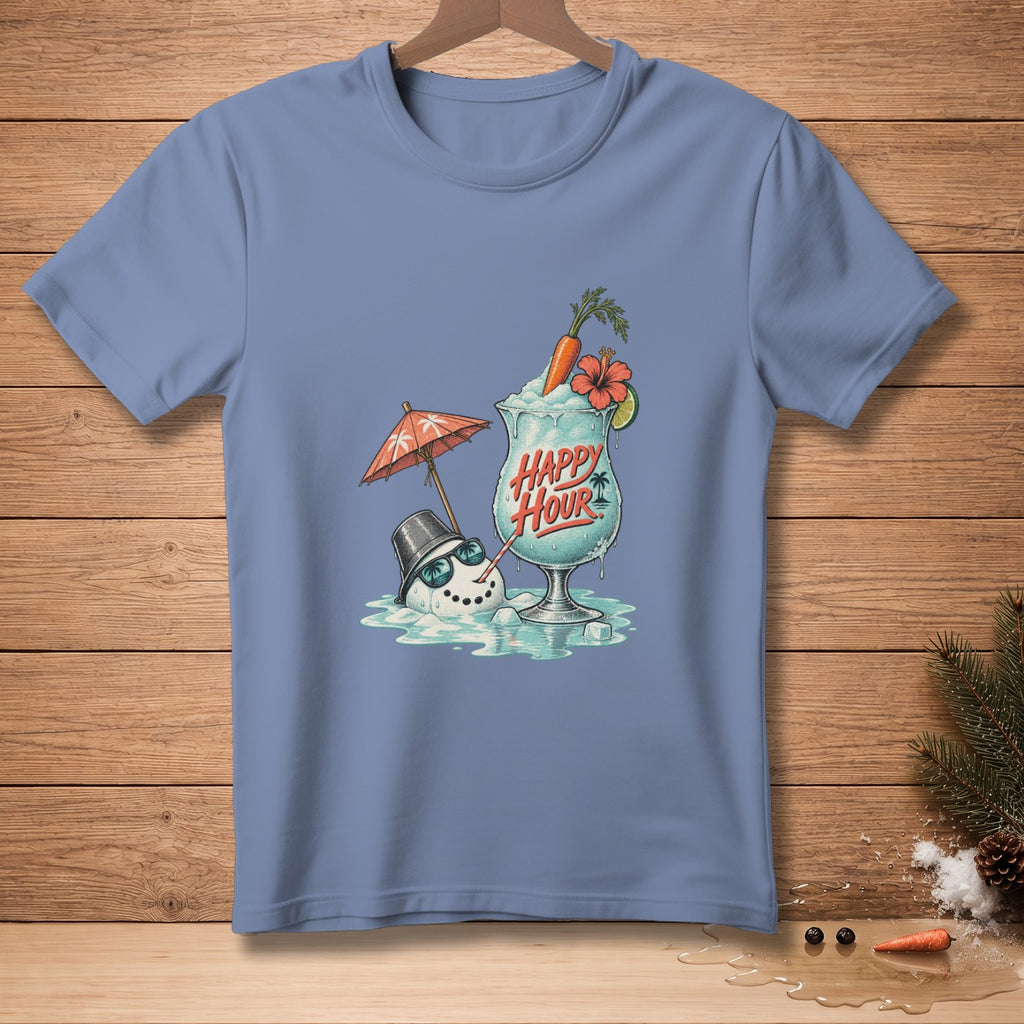 Snowman with umbrella next to a "Happy Hour" drink, on a t-shirt.