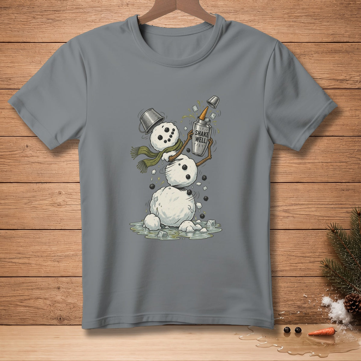 Snowman assembling himself from a bucket and a bottle labeled "SHAKE WELL".