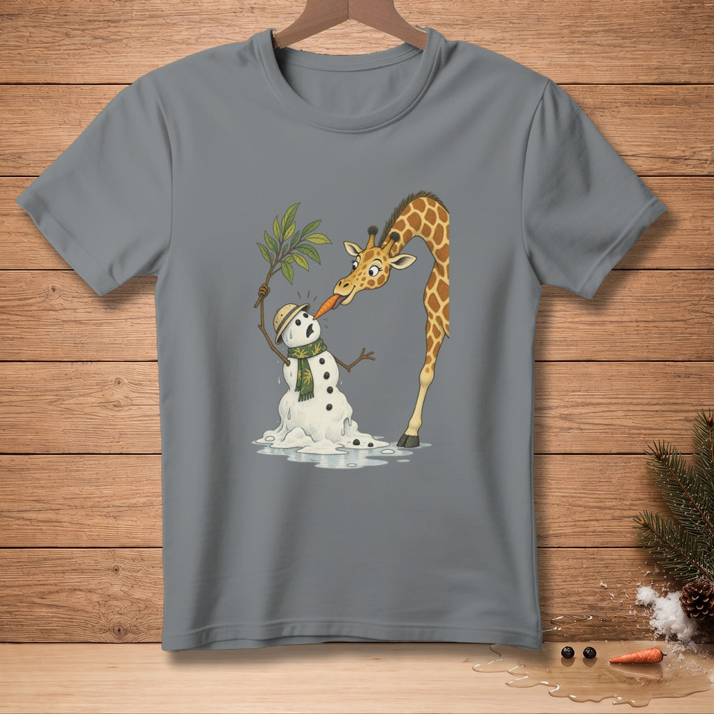 Giraffe feeding a melting snowman a carrot with a leafy branch.