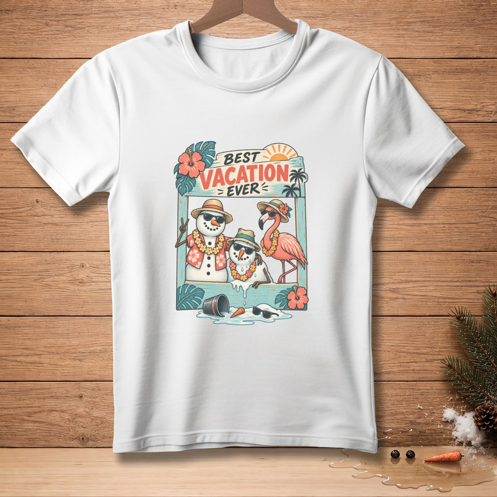 White t-shirt with cartoon snowmen and flamingo on vacation.