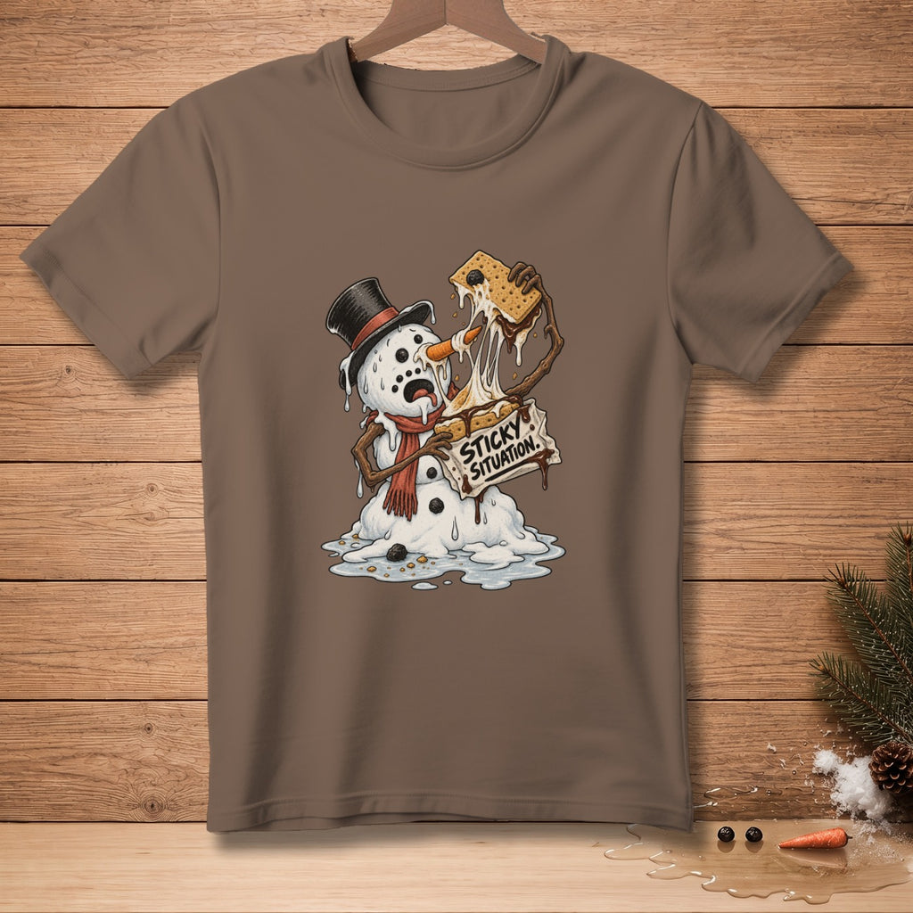 Melting snowman in a hat and scarf holding a s'more that says "Sticky Situation."