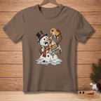 Melting snowman in a hat and scarf holding a s'more that says "Sticky Situation."
