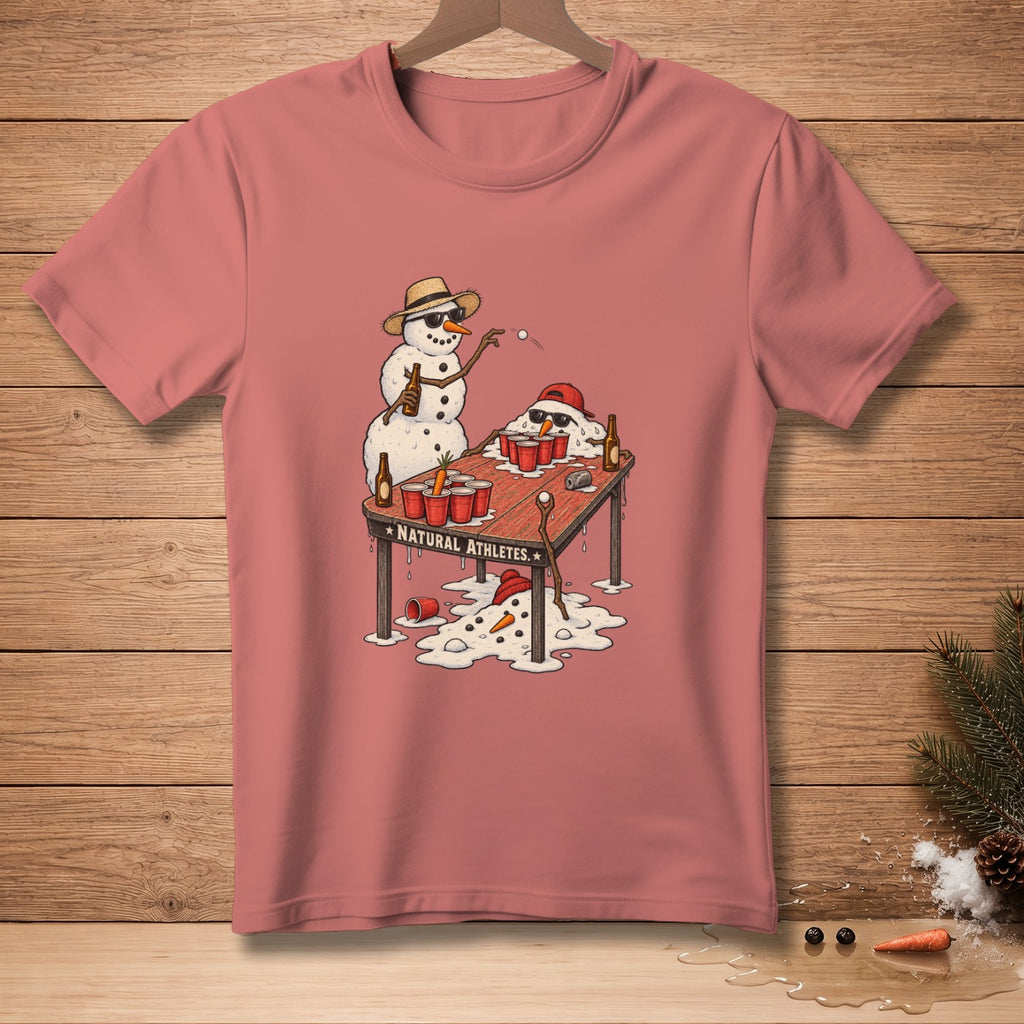 T-shirt with graphic of melting snowmen playing beer pong with red cups.