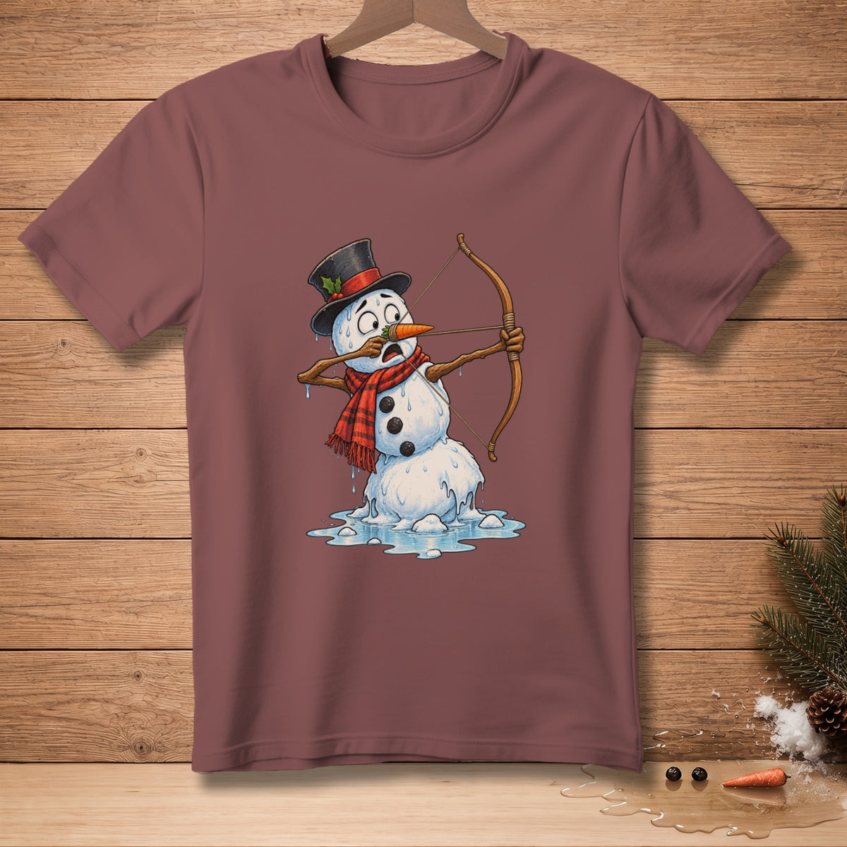 Dabbing melting snowman in top hat and scarf holding a bow and arrow.