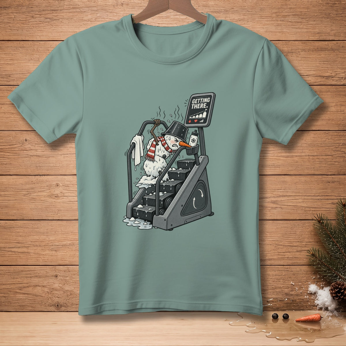 Melting snowman on a stair climber with "GETTING THERE." text.