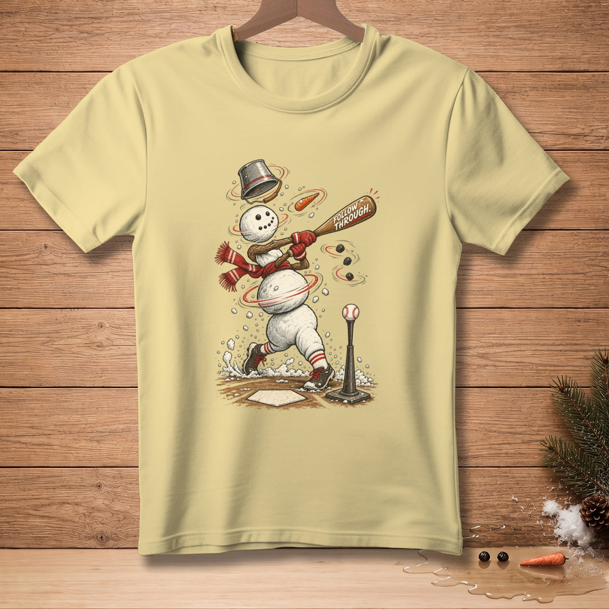 Snowman playing baseball, swinging a bat with "FOLLOW THROUGH" text.