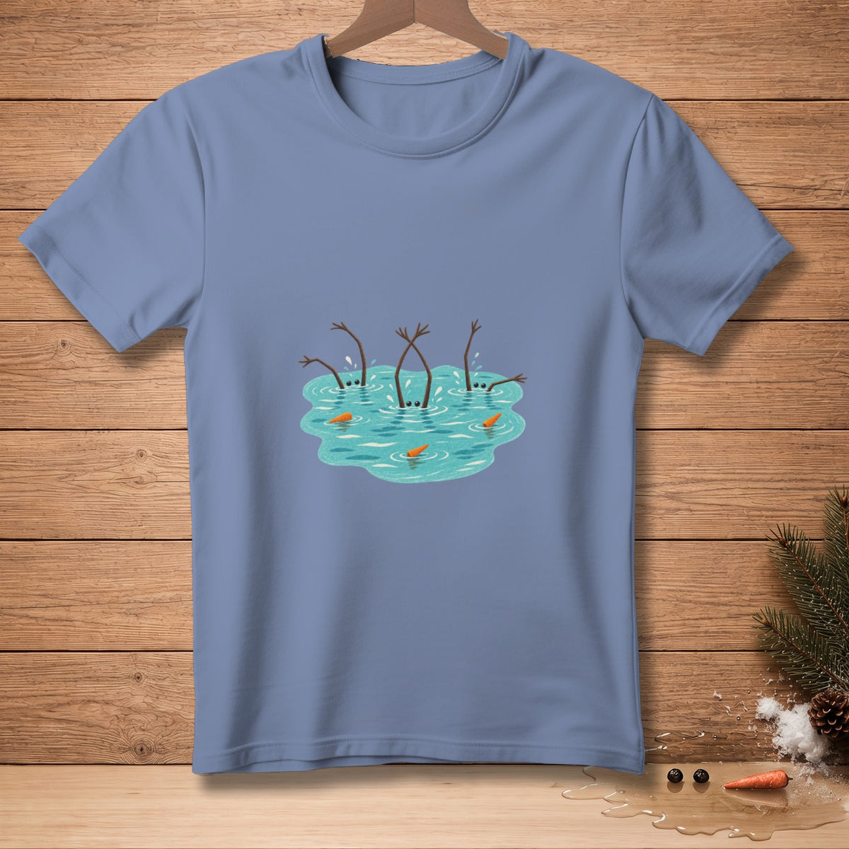 Cartoon snowmen melting in water with carrots and branches.