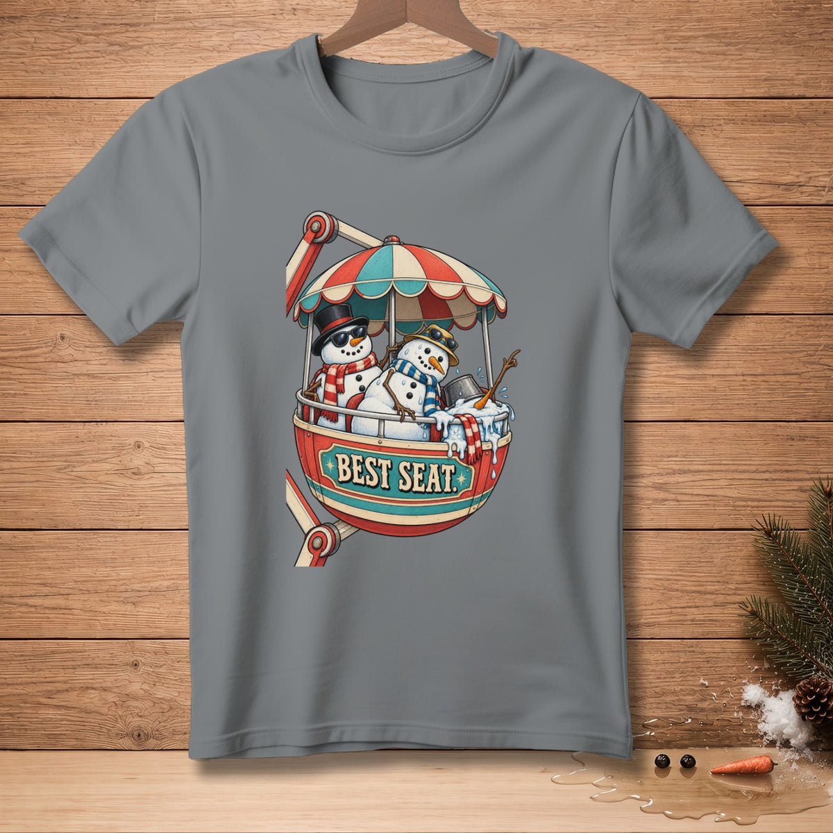 Two snowmen in a Ferris wheel gondola with "BEST SEAT" text.