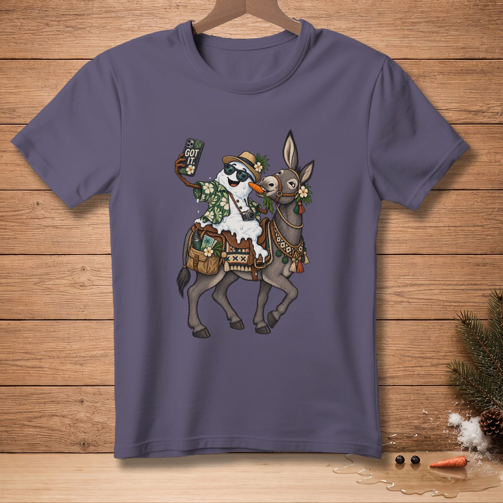 Snowman on a donkey taking a selfie with "GOT IT." on phone screen.