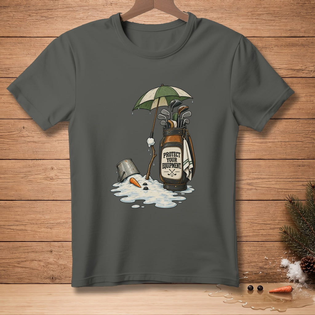 Golf bag and melting snowman with text "PROTECT YOUR EQUIPMENT."