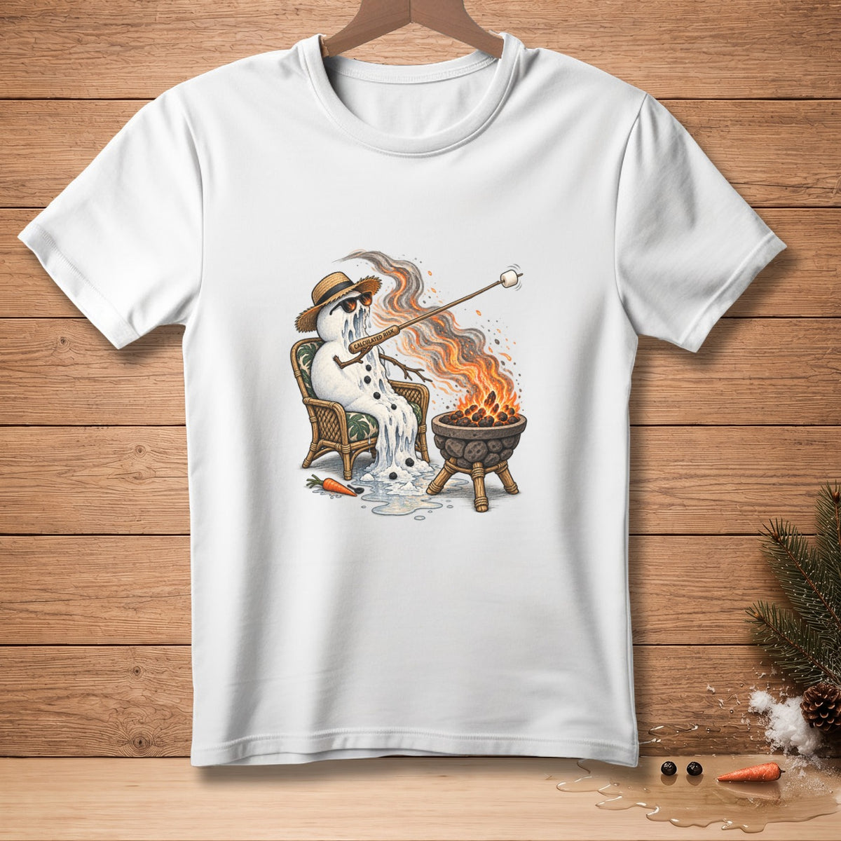 Melting snowman roasting marshmallow over a fire, with "Calculated Risk" text.