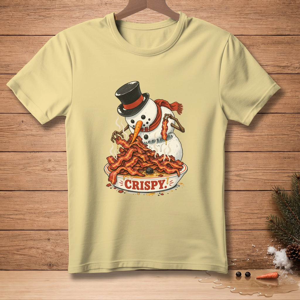 Snowman with a top hat and scarf eating a large pile of crispy bacon.