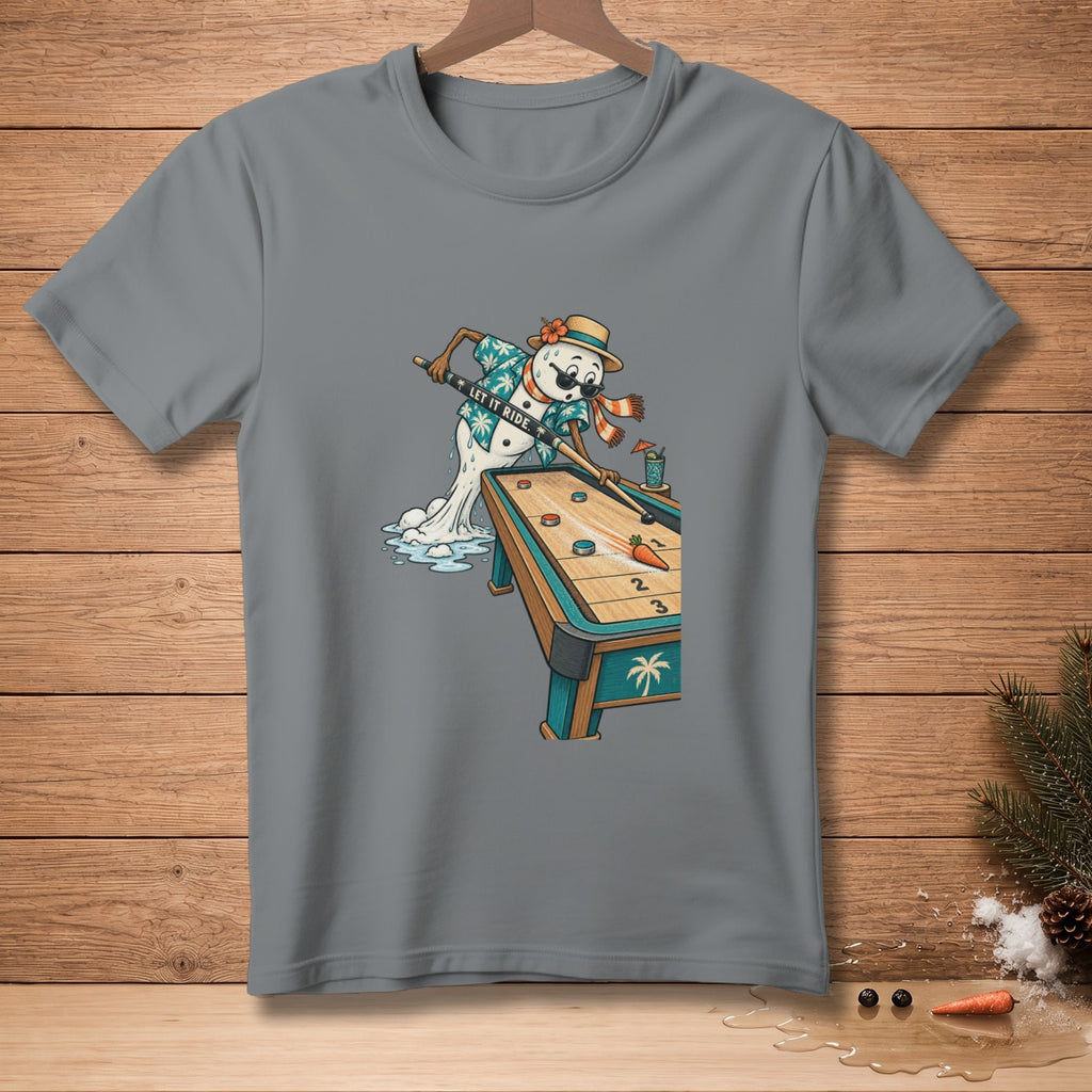 Snowman in Hawaiian shirt playing shuffleboard with text "LET IT RIDE".