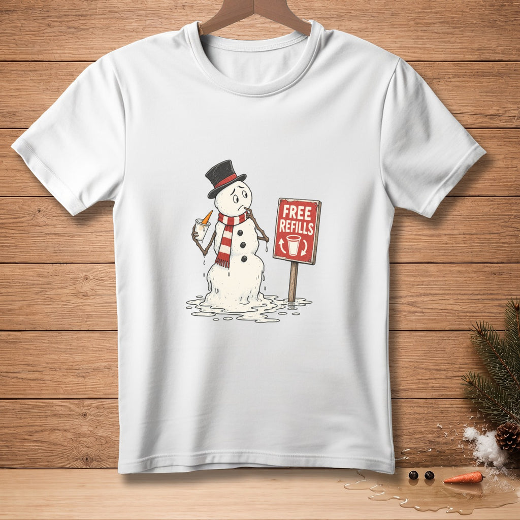 White t-shirt with melting snowman holding carrot, wearing top hat and scarf, near "Free Refills" sign.