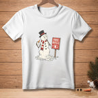 White t-shirt with melting snowman holding carrot, wearing top hat and scarf, near "Free Refills" sign.