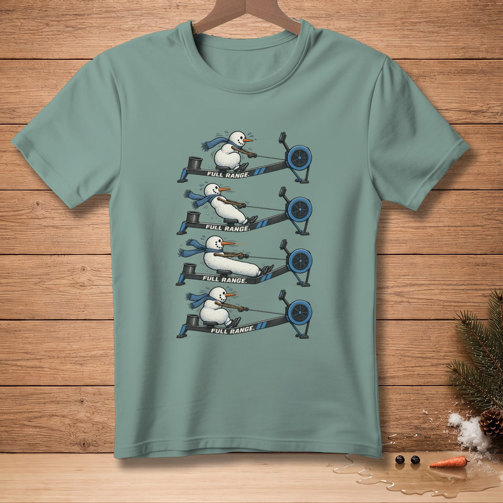 Snowman rowing with "Full Range" text in four workout stages.