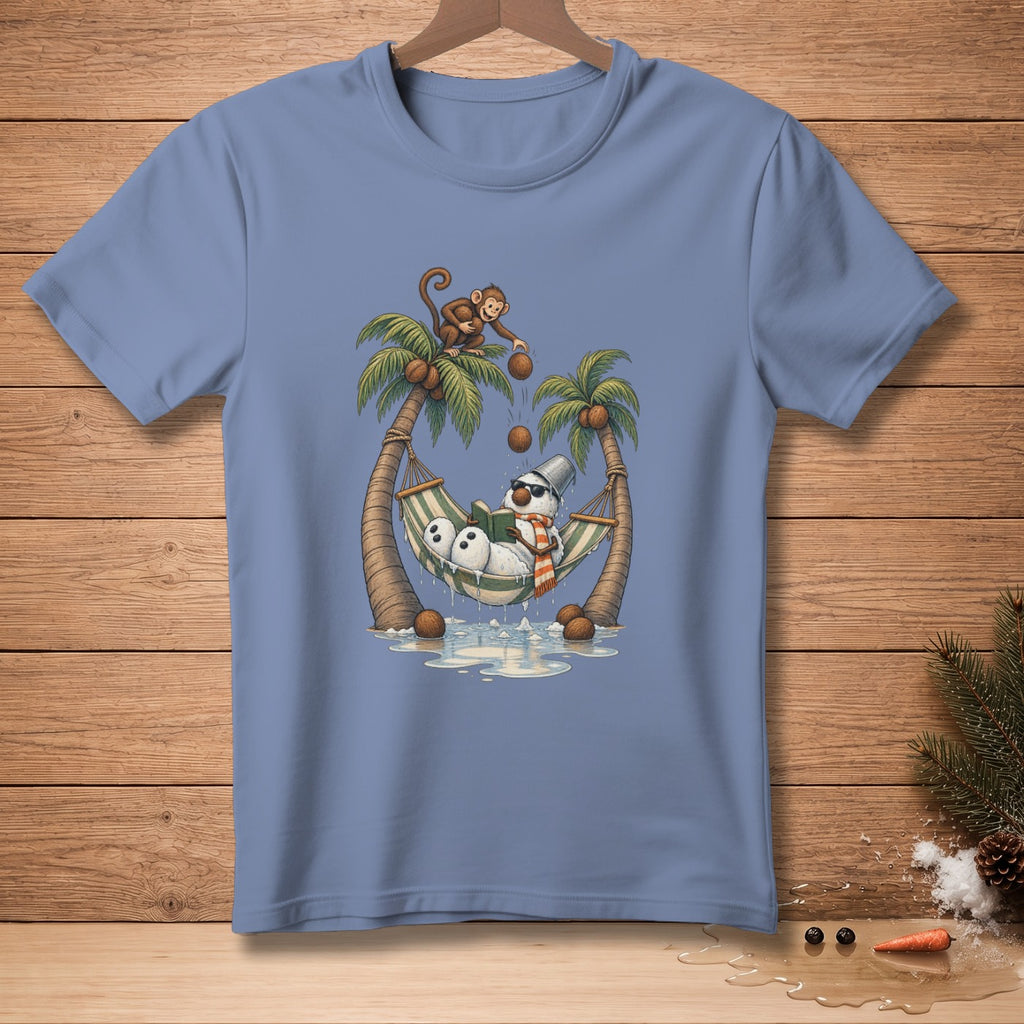 Snowman reading in a hammock between palm trees while a monkey drops coconuts.