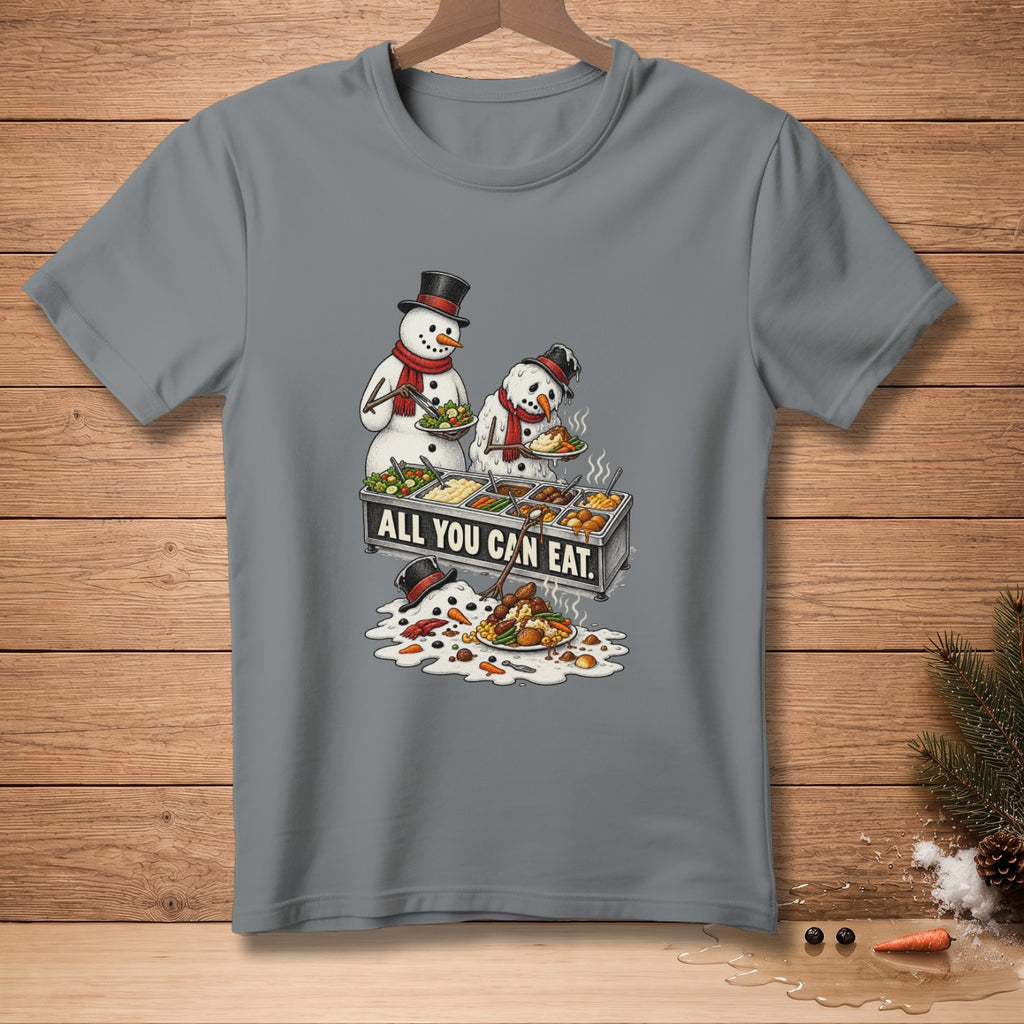 Two snowmen are melting while serving themselves from an all-you-can-eat buffet.