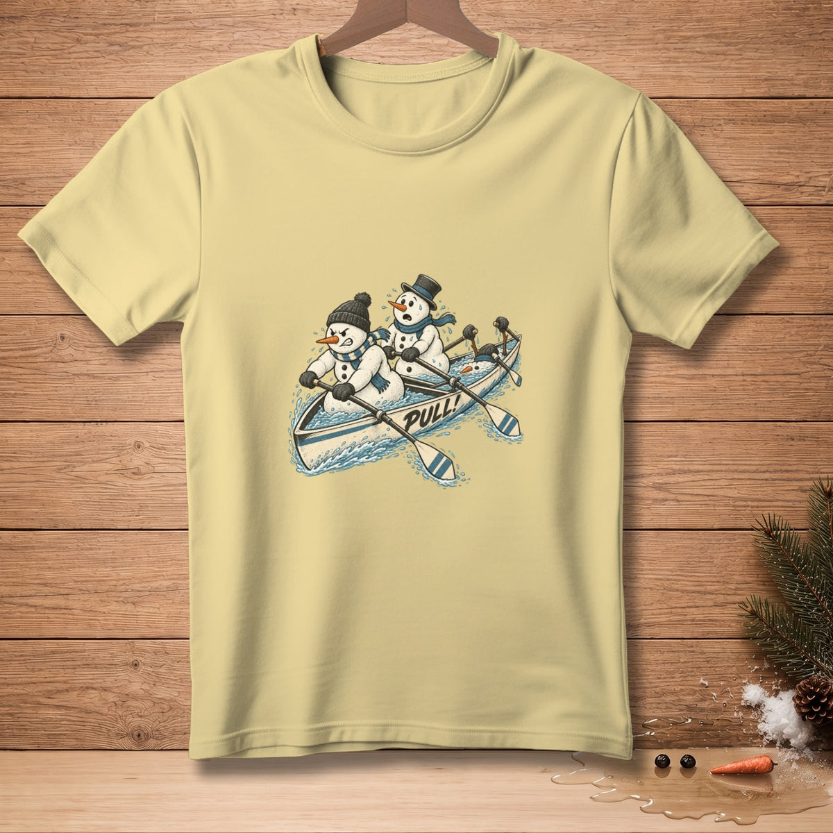 Snowmen rowing a boat with paddles that say "PULL!"