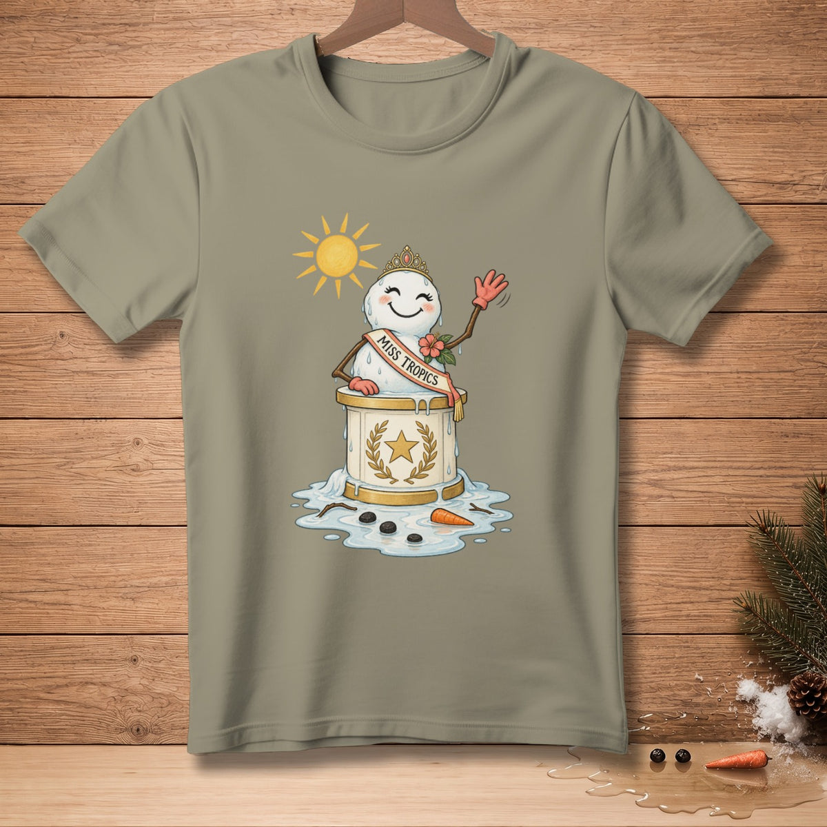 Cartoon snowman wearing a crown and "Miss Tropics" sash, melting under a sun.