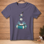Snowman falling into a striped inner tube with water splashing.
